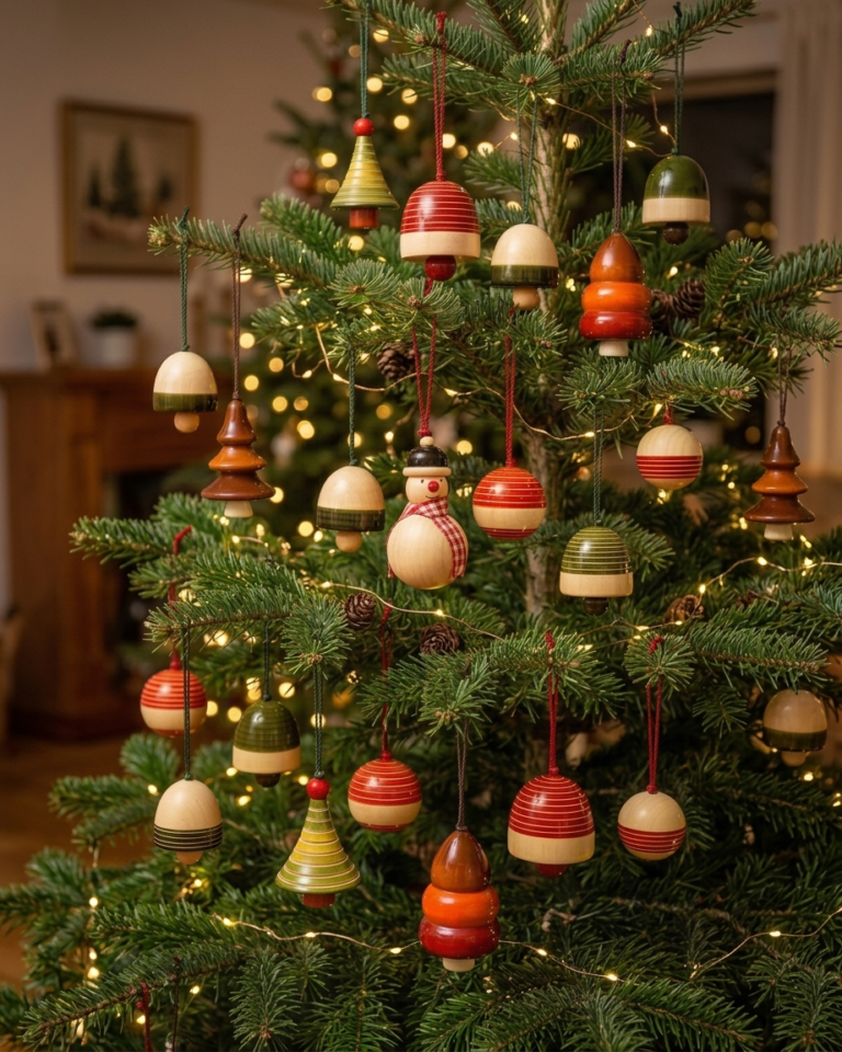 Wooden Christmas Ornaments On A Christmas Tree 4 5 768x960