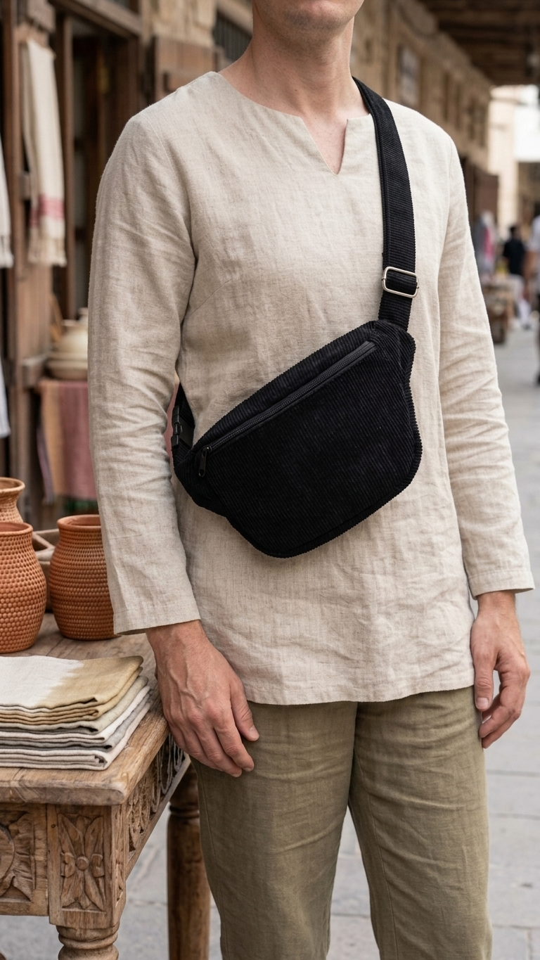 man wearing black corduroy bumbag1